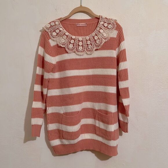 Fs Mami Cream And Peach Long Sleeve Striped Knit Sweater With Lace Collar Size M - Picture 1 of 4